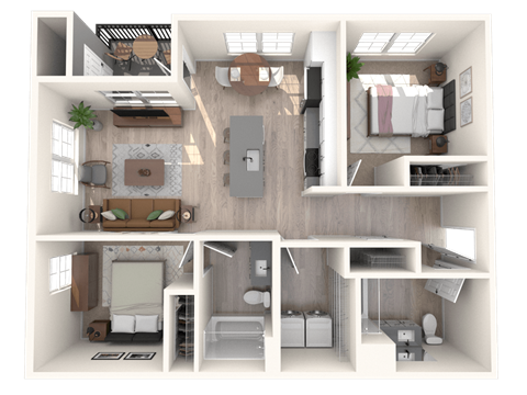 Floor plan for 2 beds, 2 baths, 985 sqft